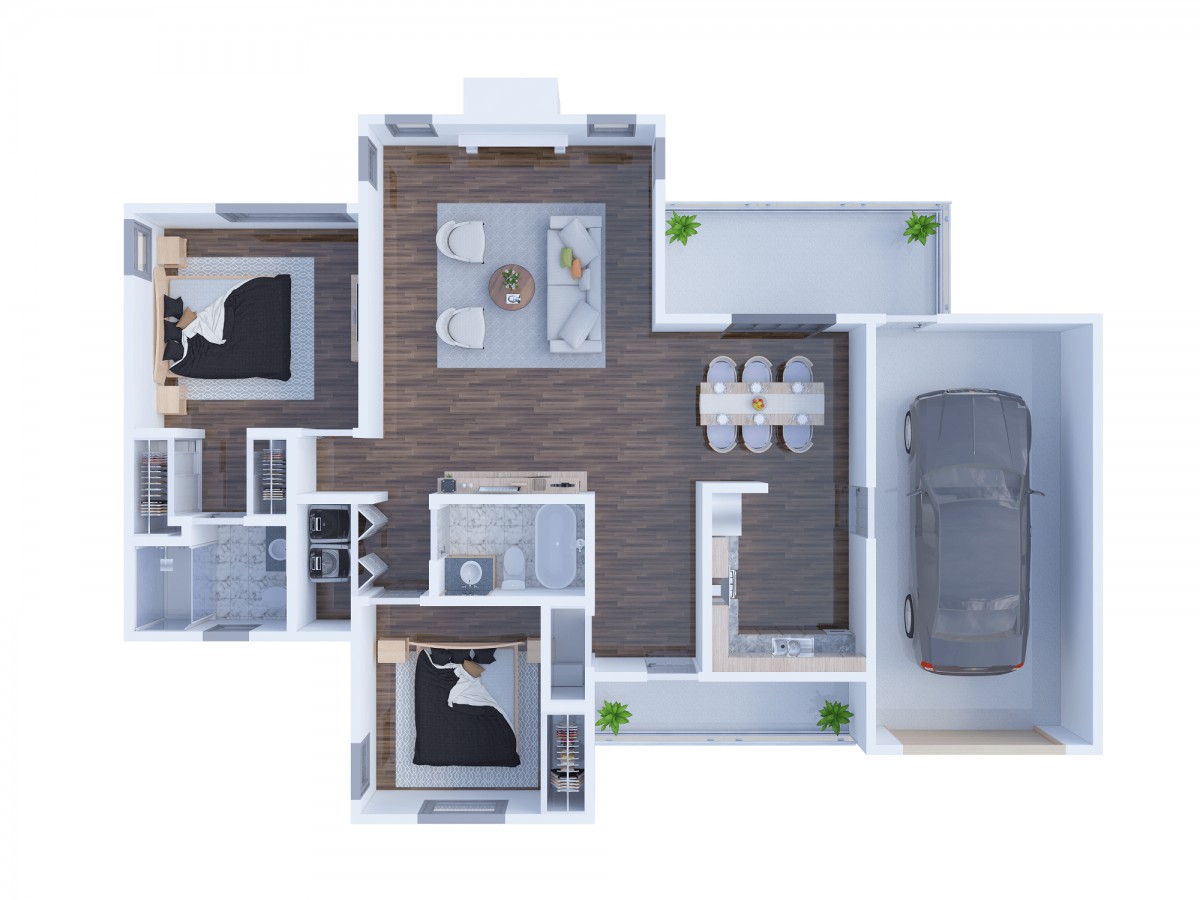 Top view of a modern single-story house floor plan with two bedrooms, a living area, kitchen, and garage.