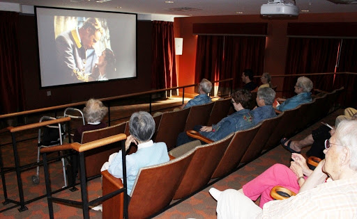 An audience enjoying a film presentation in a cozy movie theater.