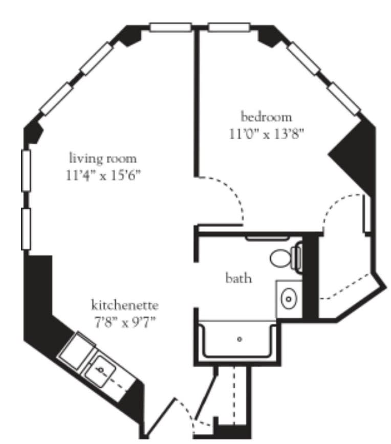 A detailed floor plan of an apartment showing the layout of a living room, bedroom, kitchenette, and bathroom with specified dimensions.