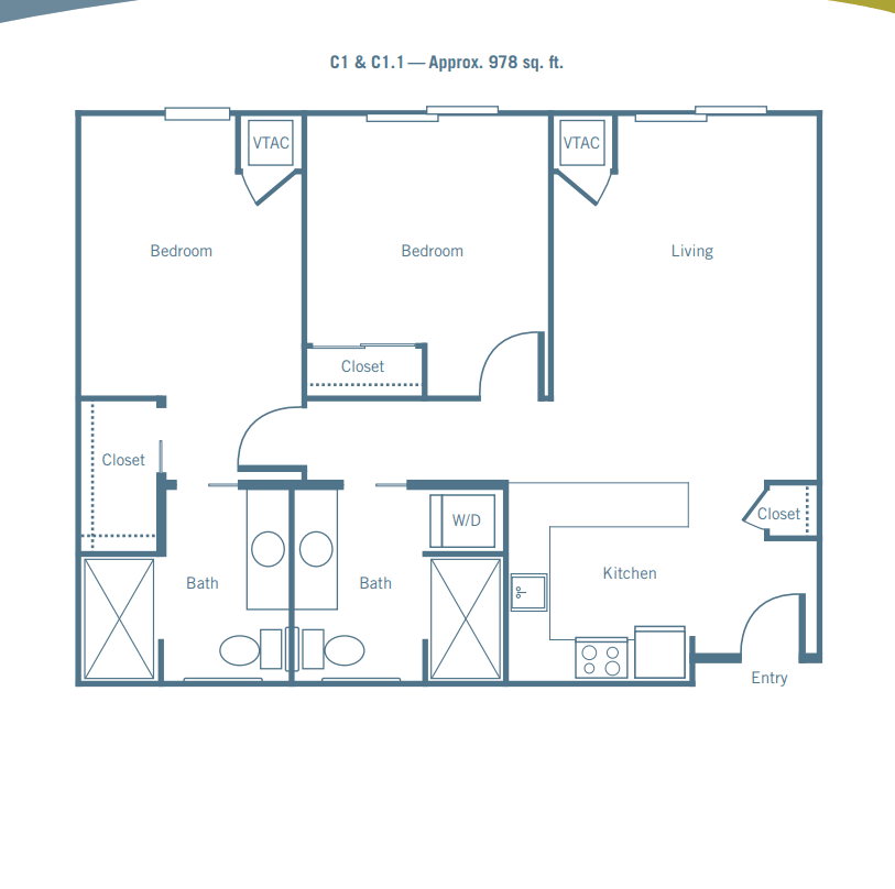 A detailed floor plan of a two-bedroom apartment featuring a living room, kitchen, and bathroom layout.