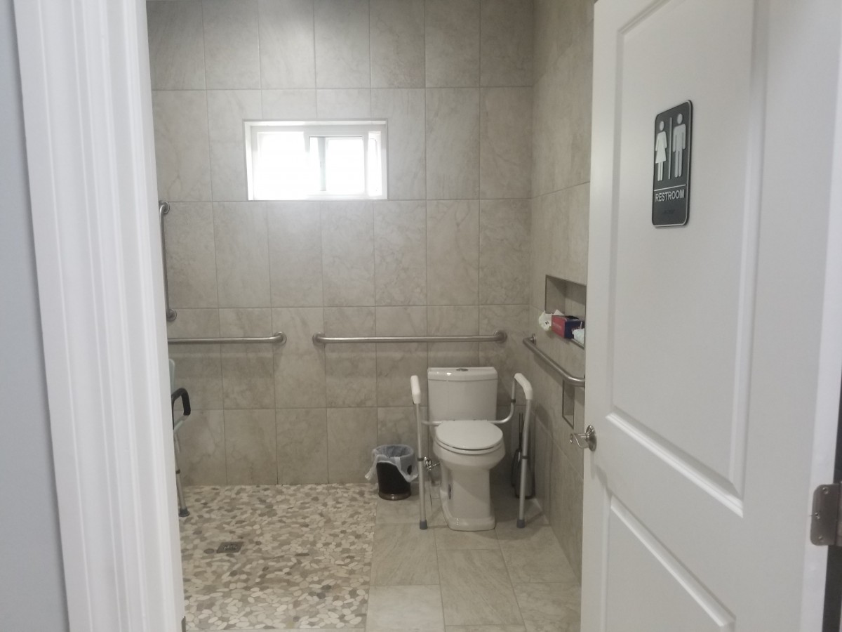 An accessible bathroom with a shower and grab bars.