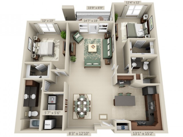 A 3D-rendered floor plan of an apartment featuring multiple rooms, including bedrooms, a living room, kitchen, and bathrooms.
