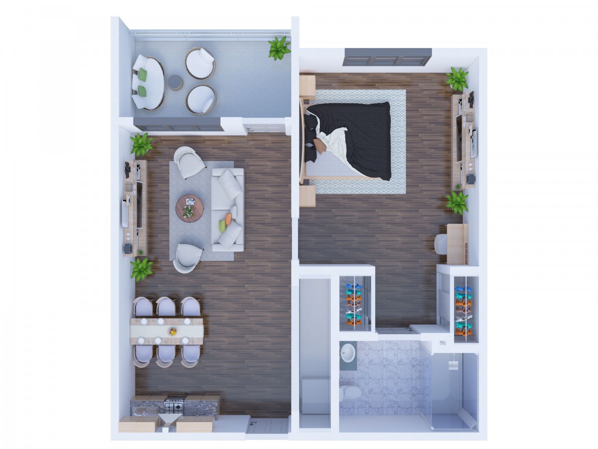 A modern apartment floor plan with a living area, dining space, bedroom, and bathroom.