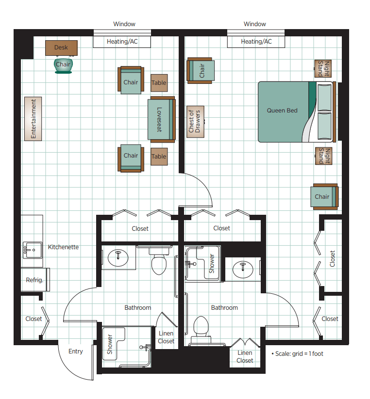 A floor plan of a one-bedroom apartment featuring a living room, kitchen, and bathroom.