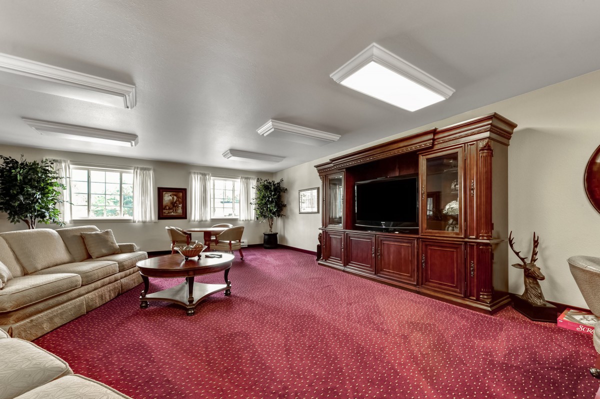 A spacious living room with a large entertainment center, plush carpeting, and comfortable seating arrangements.
