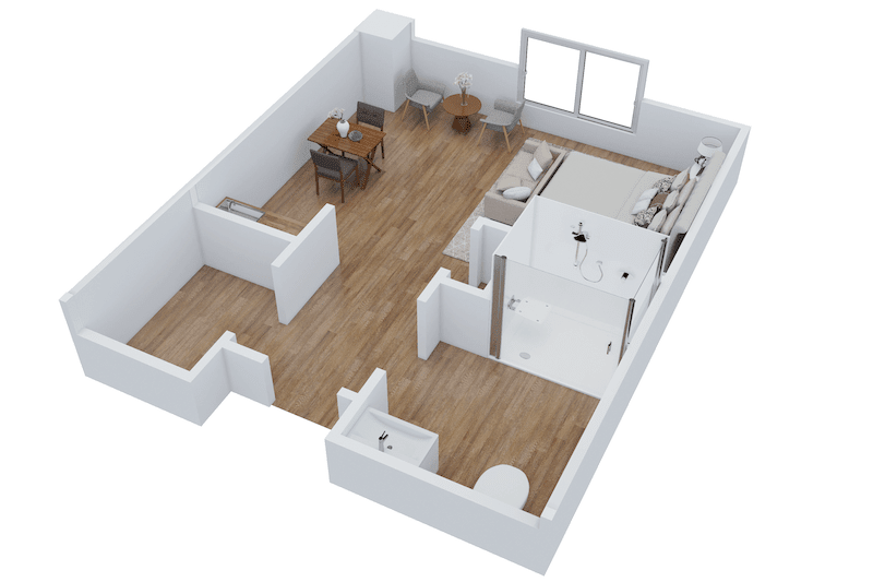 3D rendering of a one-bedroom apartment with an open living and dining area.