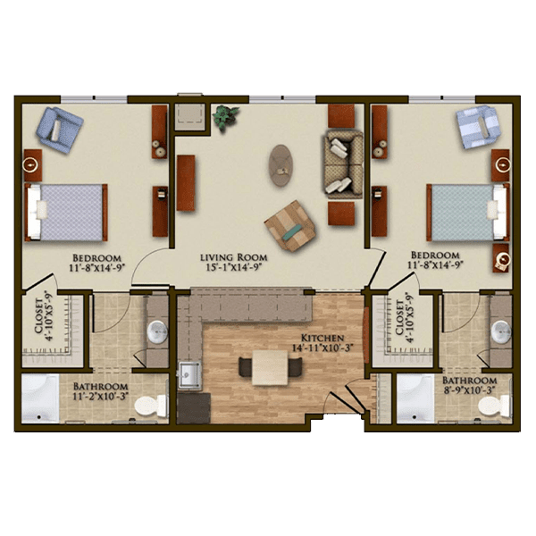 This image is a floor plan of an apartment featuring three bedrooms, two bathrooms, a living room, and a kitchen.