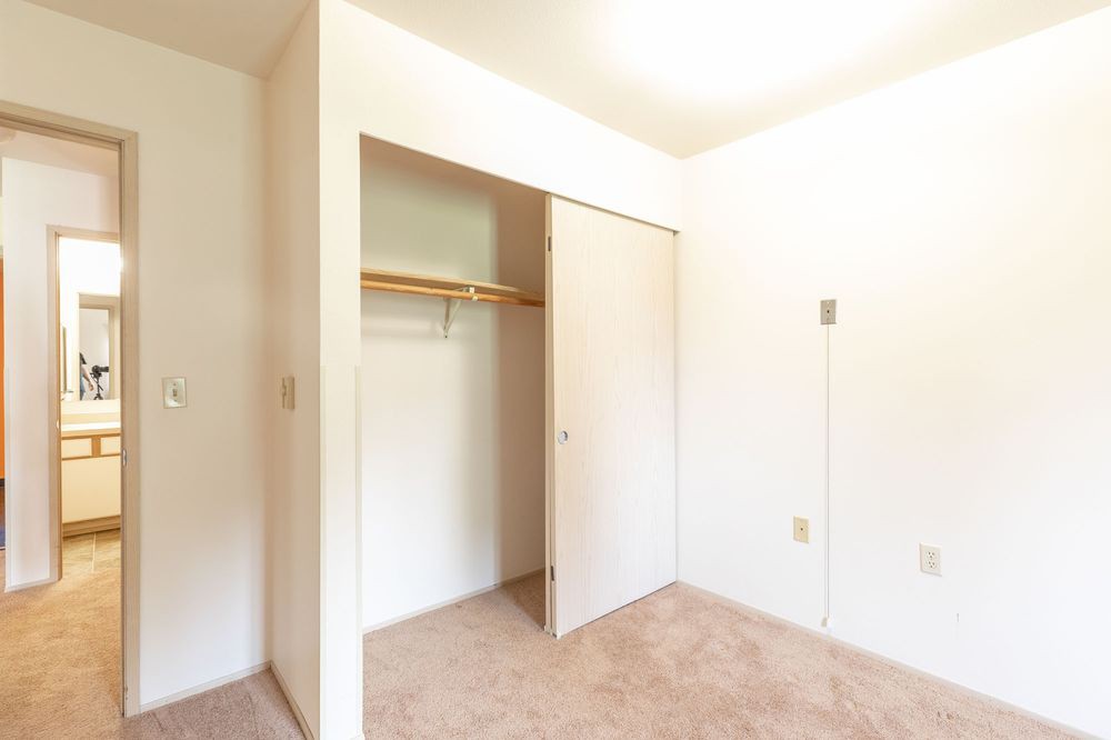 An empty room with a closet featuring sliding doors and a carpeted floor.