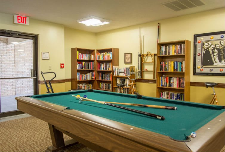 A cozy recreational room featuring a pool table and bookshelves filled with books.