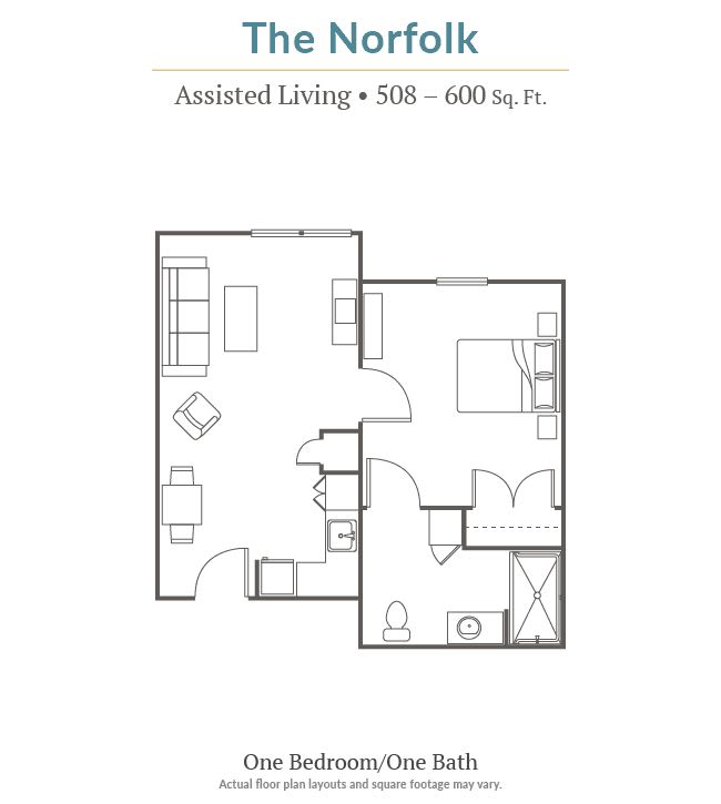 Floor plan of 'The Norfolk' assisted living apartment, measuring 508803 sq. ft.