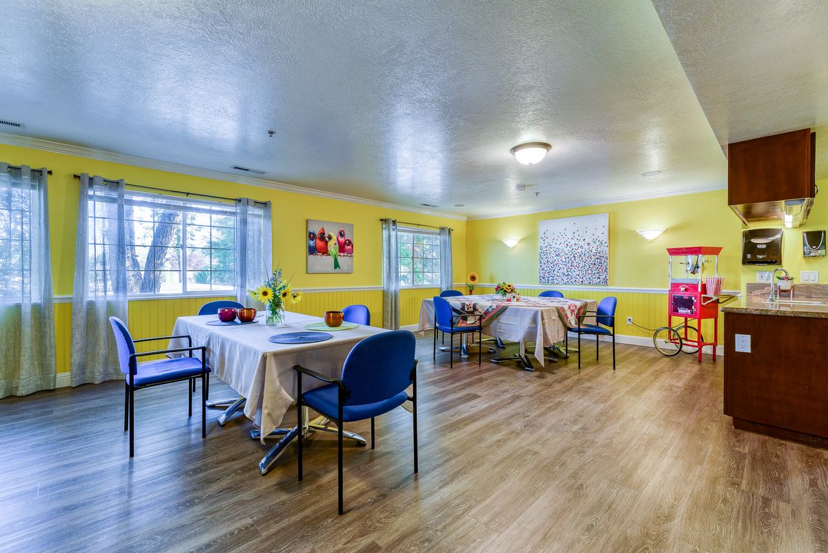 A bright and inviting dining room with neatly arranged tables and chairs, featuring colorful decor and large windows.