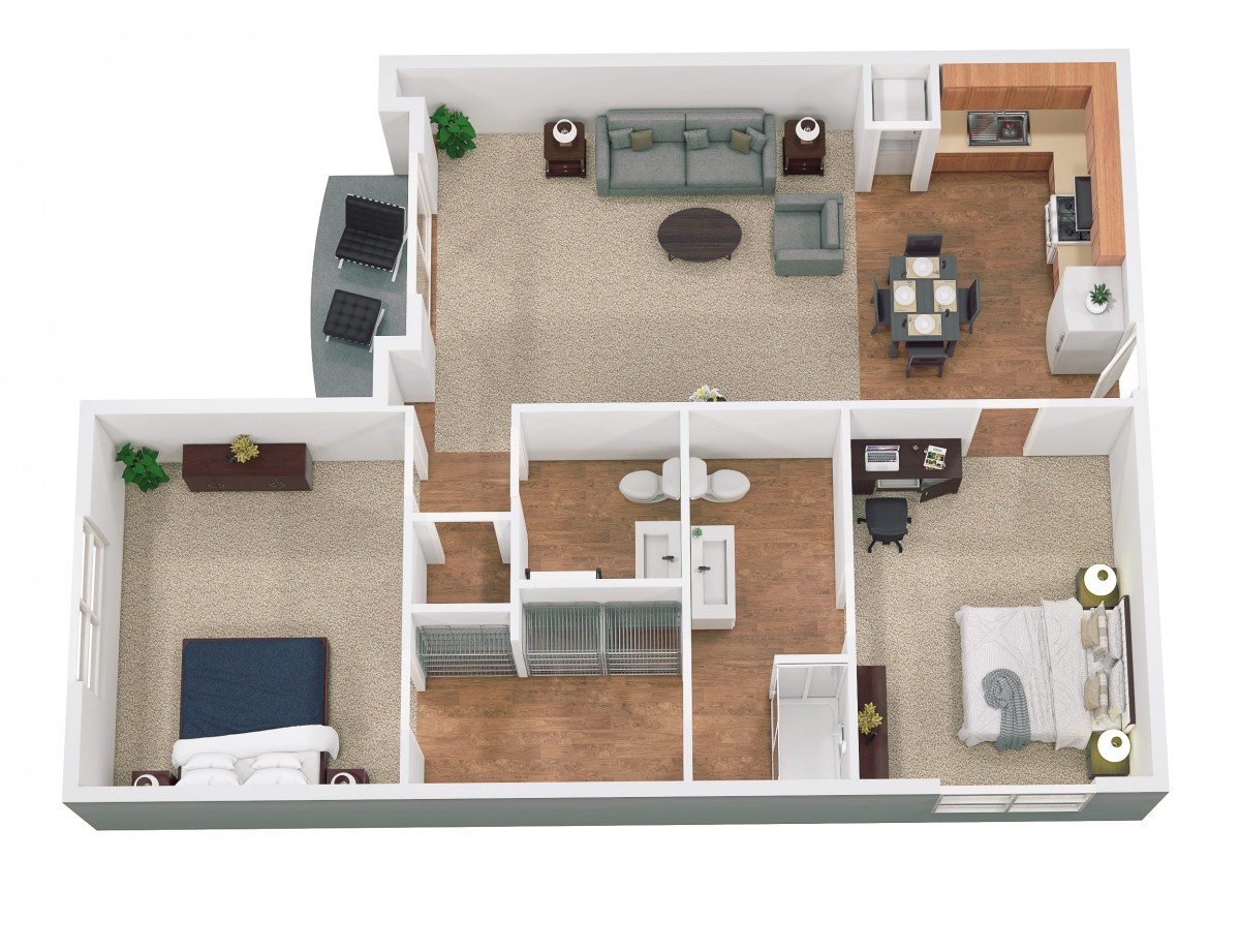 3D floor plan of an apartment featuring two bedrooms, a living room, kitchen, and dining area.