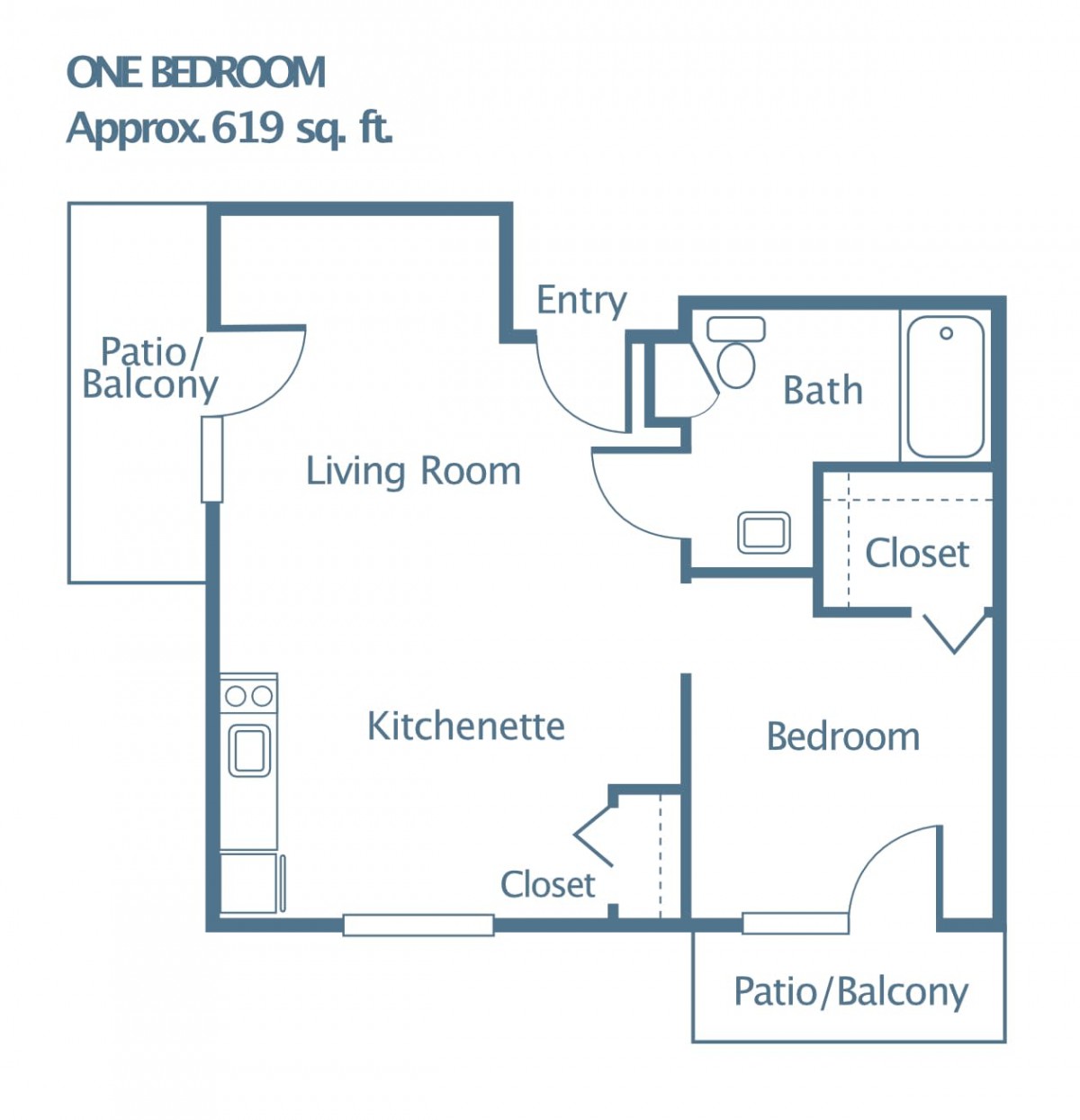 A one-bedroom apartment floor plan approximately 619 square feet in size, featuring a living room, kitchenette, bedroom, bath, and two patios/balconies.