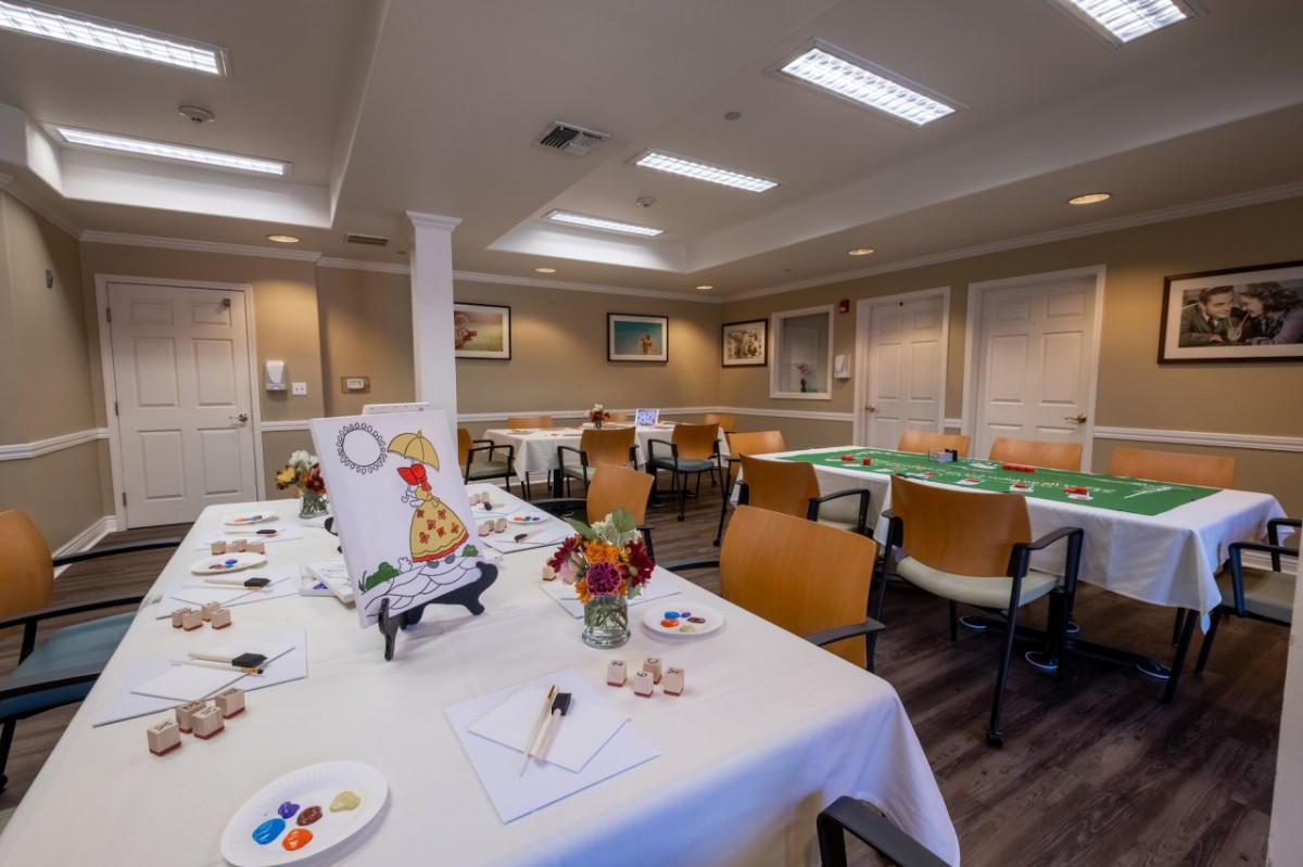 An indoor classroom set up for an art session with tables, chairs, and painting supplies.
