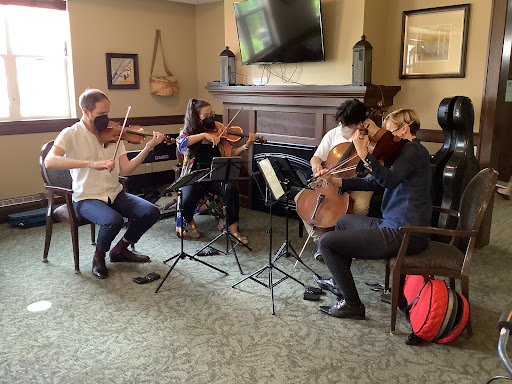 A string quartet performing in a cozy indoor setting.