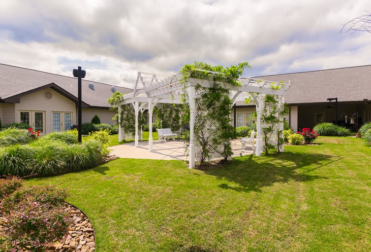 A serene garden featuring a gazebo surrounded by lush greenery.