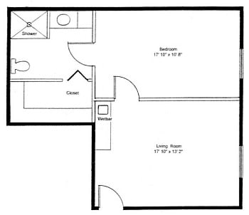 A floor plan layout of a one-bedroom apartment featuring a living room, kitchen, bathroom, and closet.