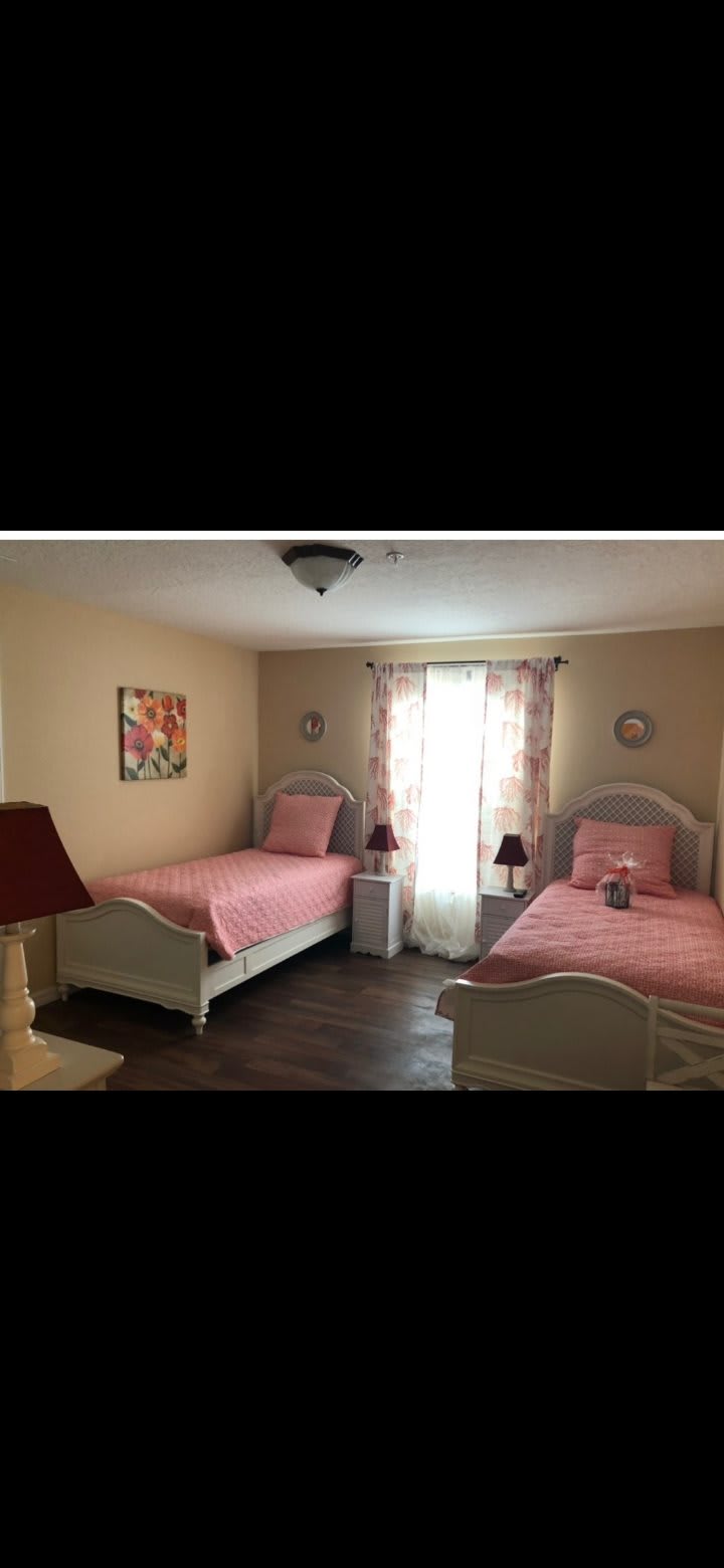 A cozy bedroom with twin beds and pink bedding, featuring a nightstand between the beds and soft natural light from the window.