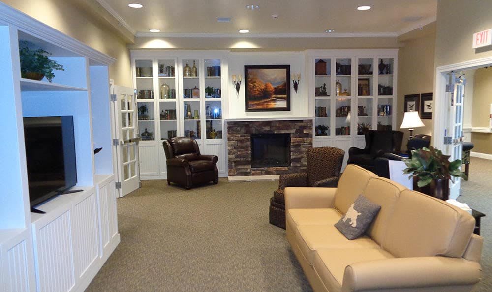 Cozy living room with a fireplace and built-in bookshelves.