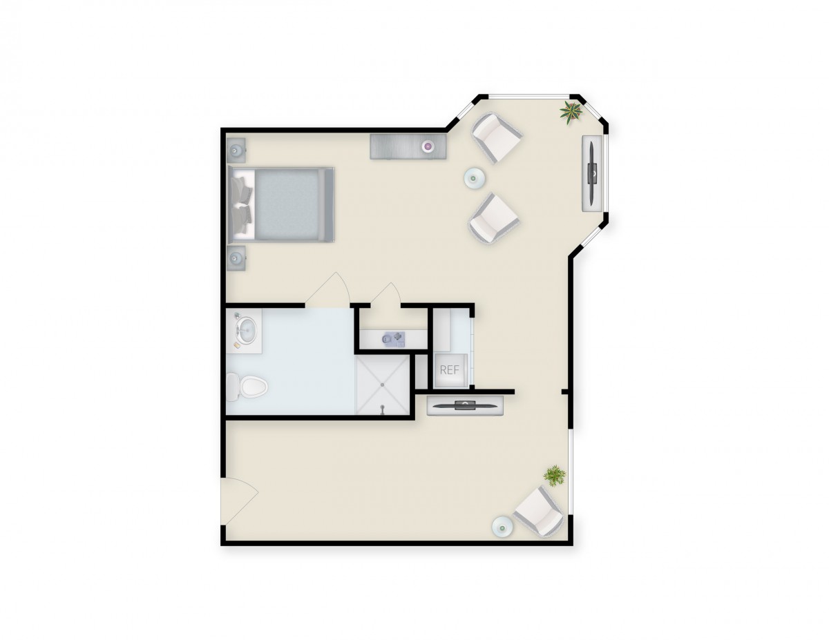 A minimalist one-bedroom apartment floor plan with defined living and bathroom areas.