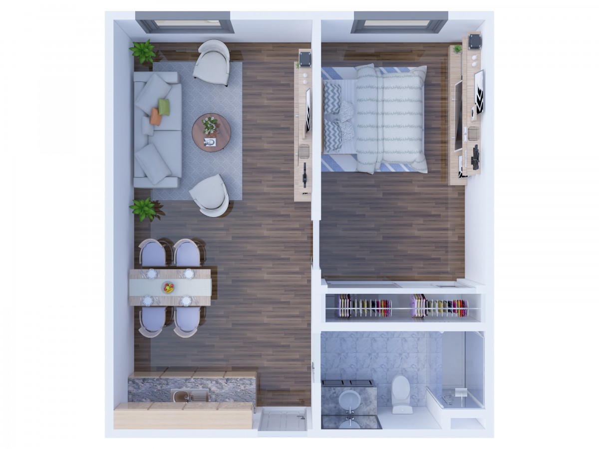A top-down view of a modern one-bedroom apartment layout with a living area, dining space, kitchen, and bathroom.