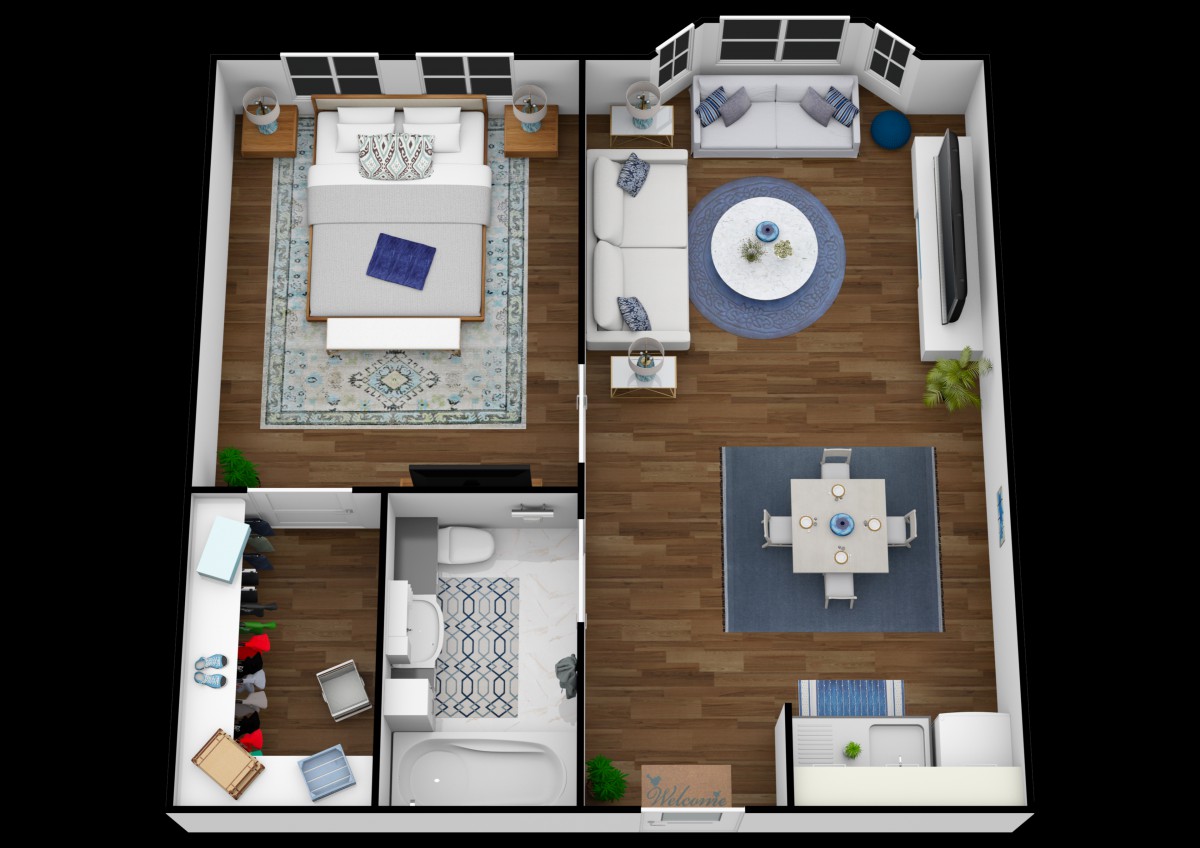 A modern apartment floor plan featuring a bedroom, living room, kitchen, and dining area.