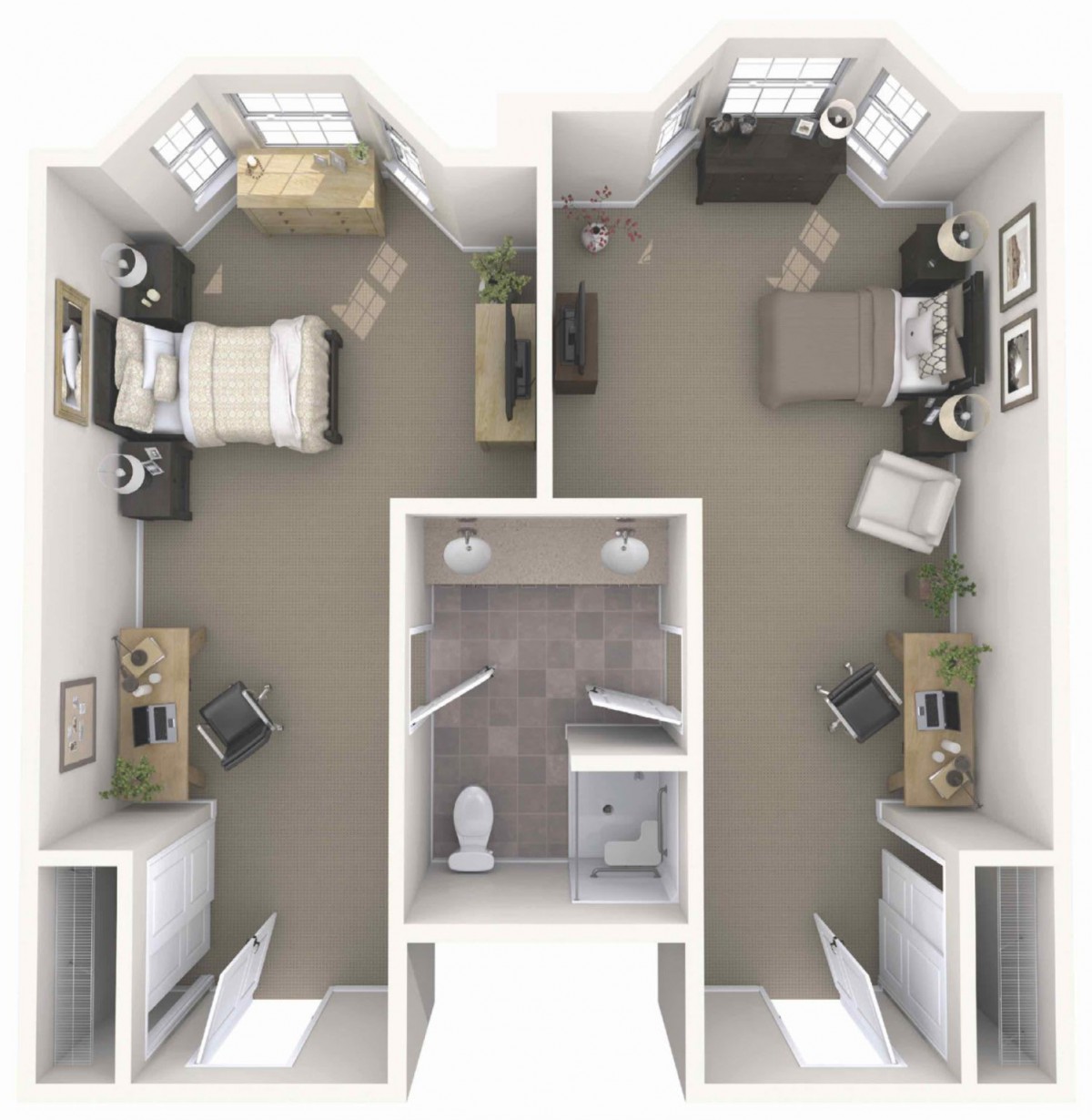 A two-bedroom apartment floor plan with a shared bathroom and furniture layout.