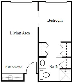 A simple floor plan of a studio apartment featuring a living area, bedroom, kitchenette, and bathroom.
