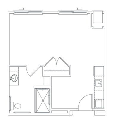 A floor plan of a small apartment with designated areas for kitchen, bathroom, and living space.