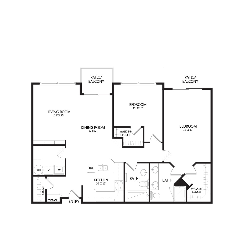 A detailed floor plan layout of an apartment featuring various rooms and amenities.