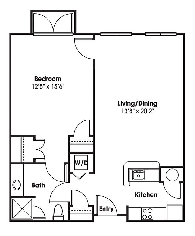 A floor plan depicting a one-bedroom apartment layout with kitchen, living/dining area, bathroom, and entryway.
