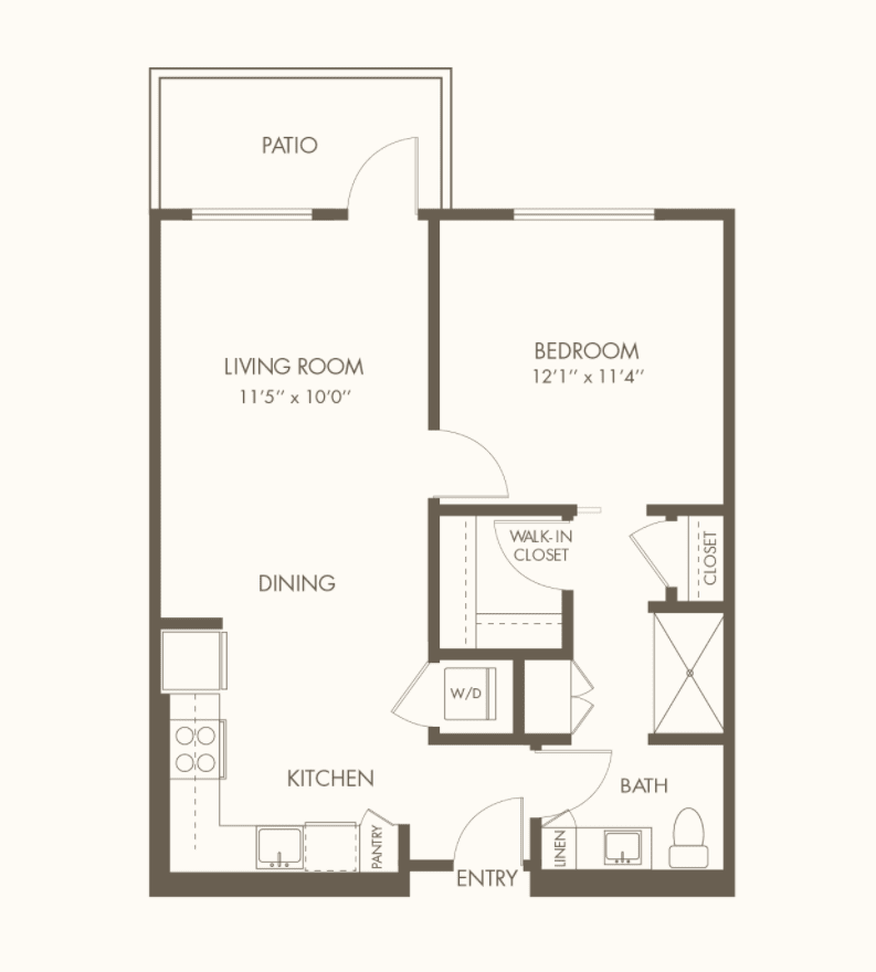 A floor plan of a 1-bedroom apartment with a living room, kitchen, and bathroom.