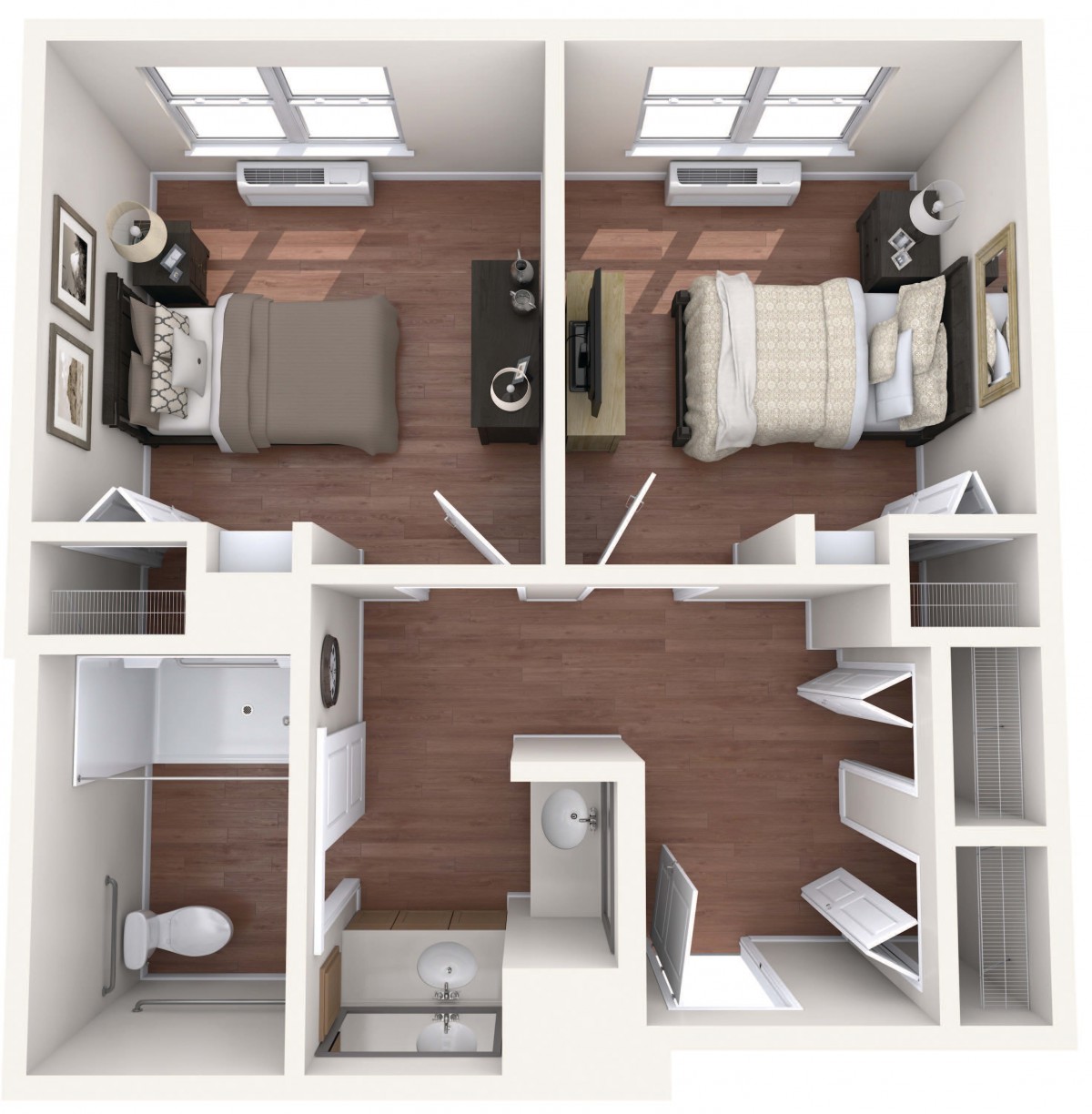 A two-bedroom apartment floor plan with a shared bathroom and living area.