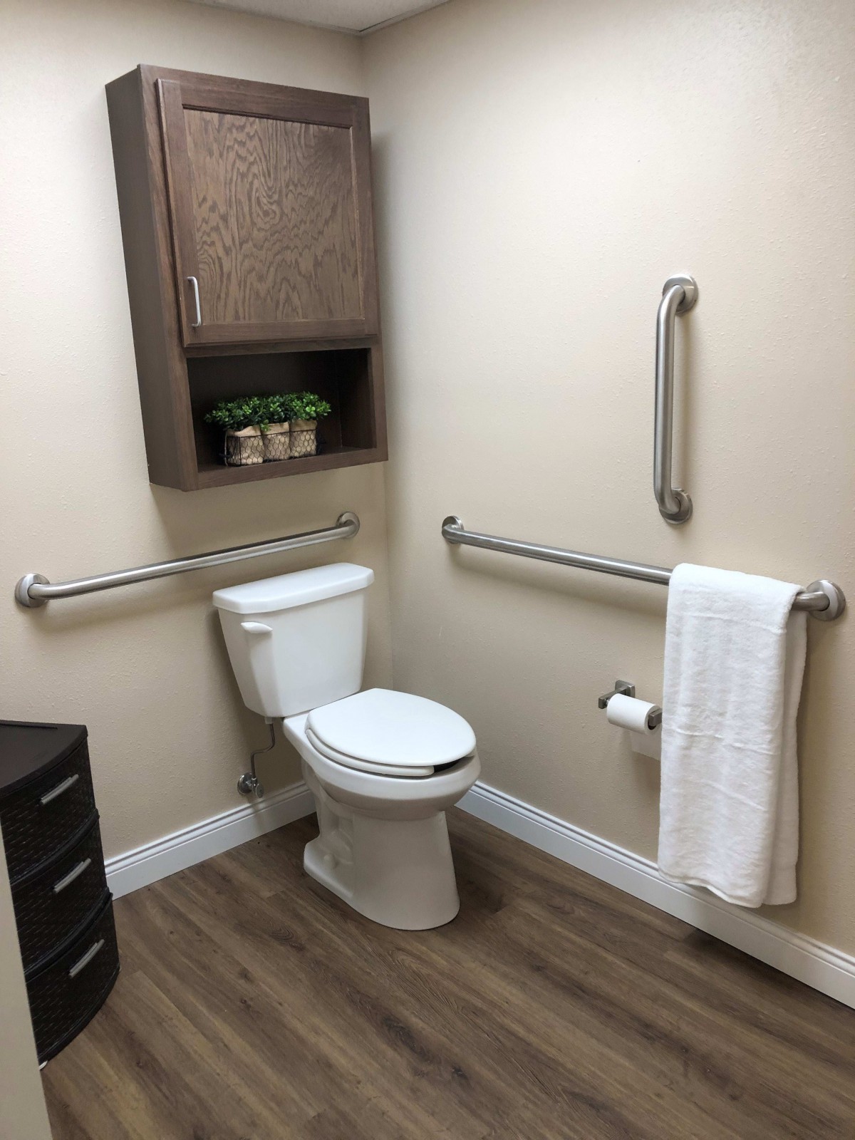 An accessible bathroom with grab bars and a modern design.