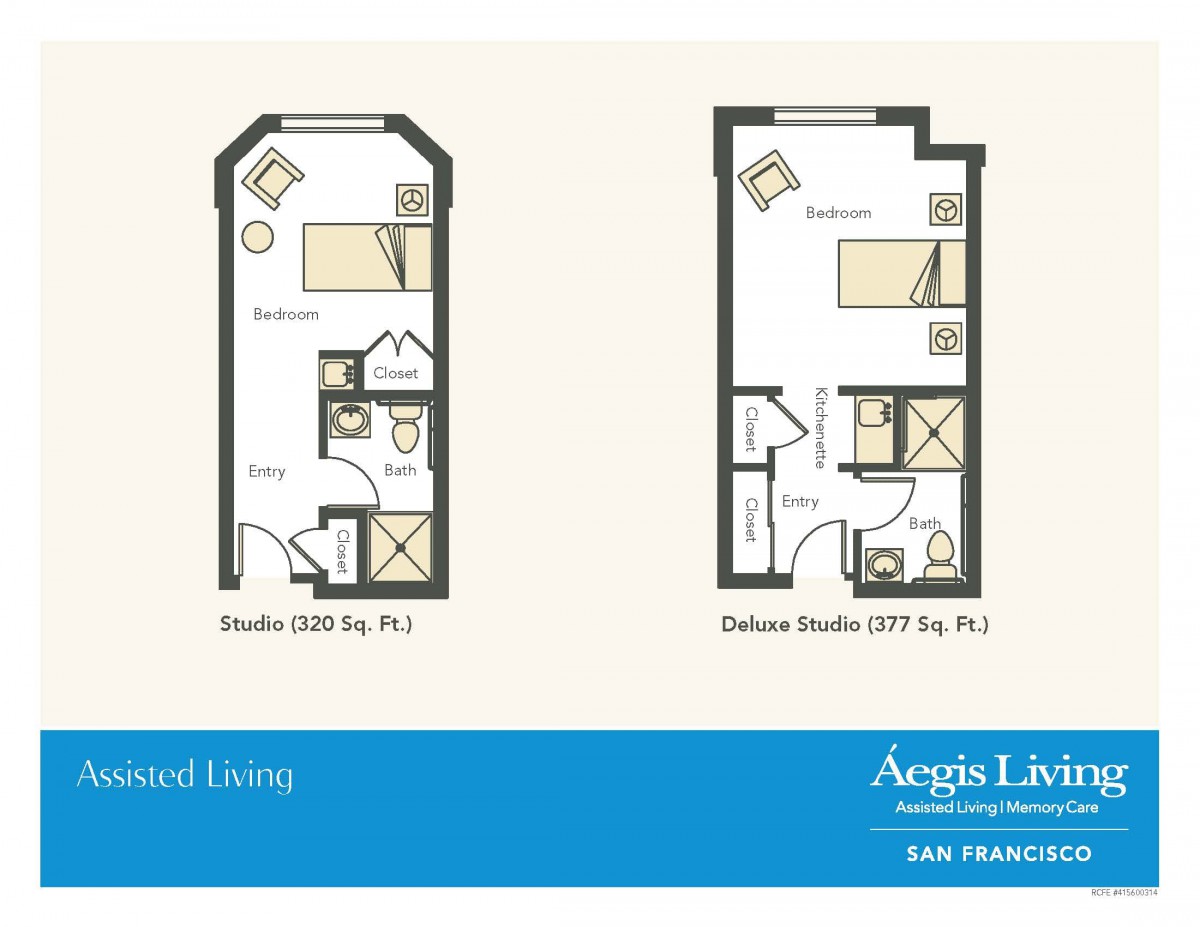 Floor plans for studio and one-bedroom apartment layouts.