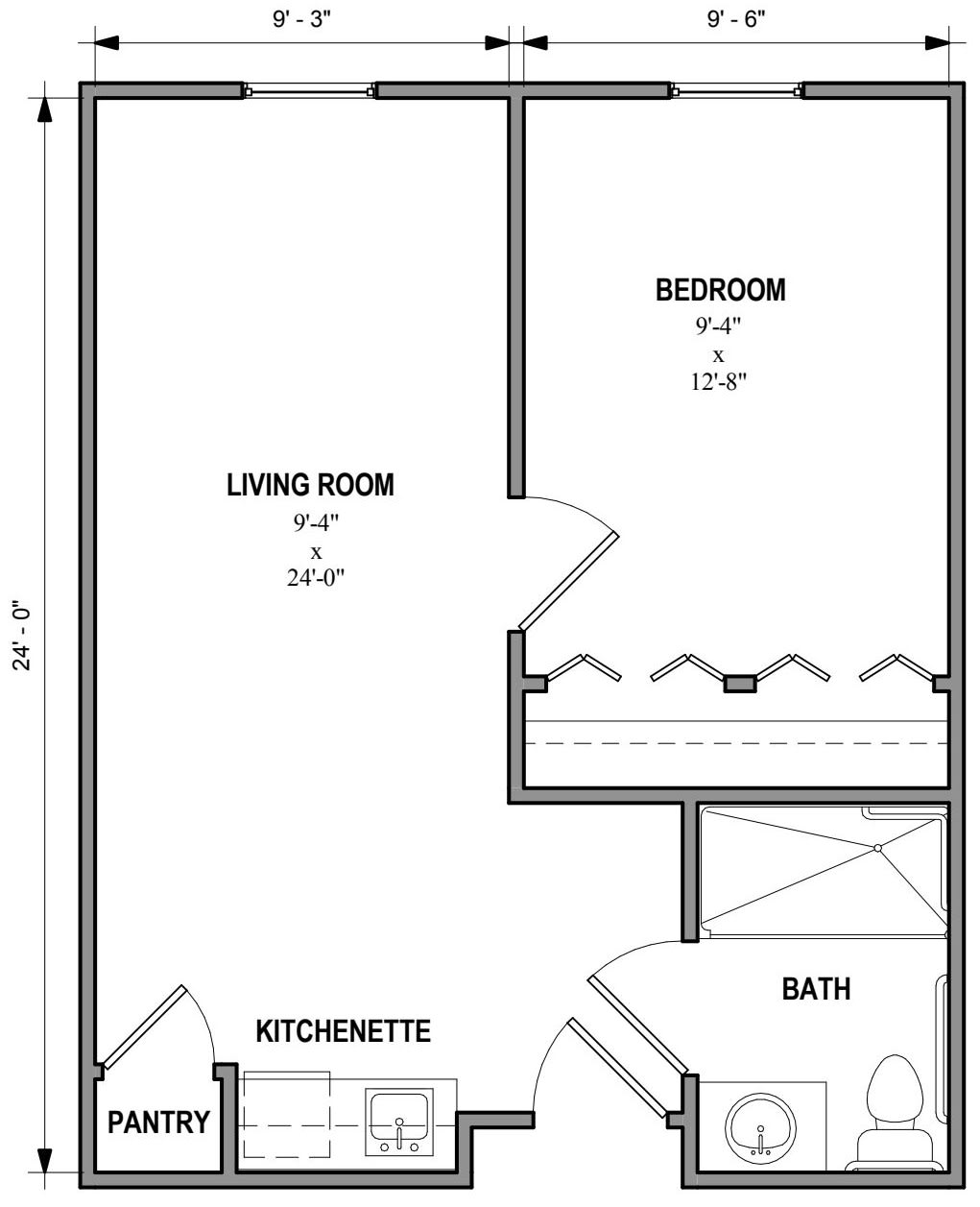 A floor plan depicting an apartment layout with a living room, bedroom, kitchenette, and bathroom.