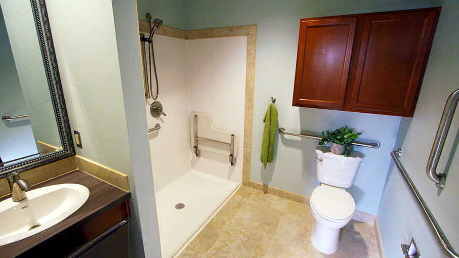 An accessible bathroom with a walk-in shower, toilet, sink, and grab bars.