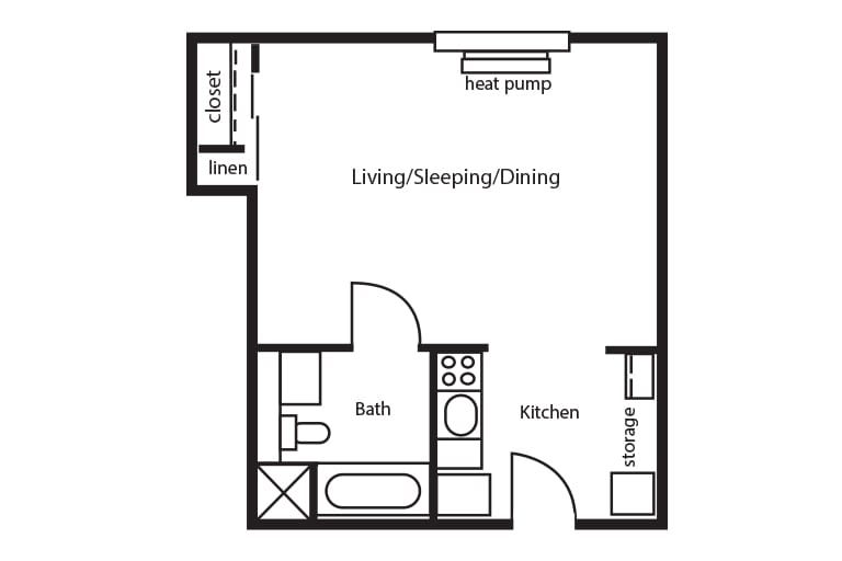 A floor plan of a studio apartment with designated areas for living, sleeping, and dining, including a kitchen and bathroom.