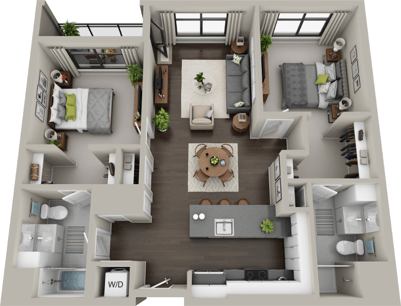 3D rendered floor plan of a modern two-bedroom apartment with an open-concept kitchen and living area.