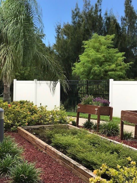 A peaceful garden area with benches, surrounded by lush vegetation and a white fence.