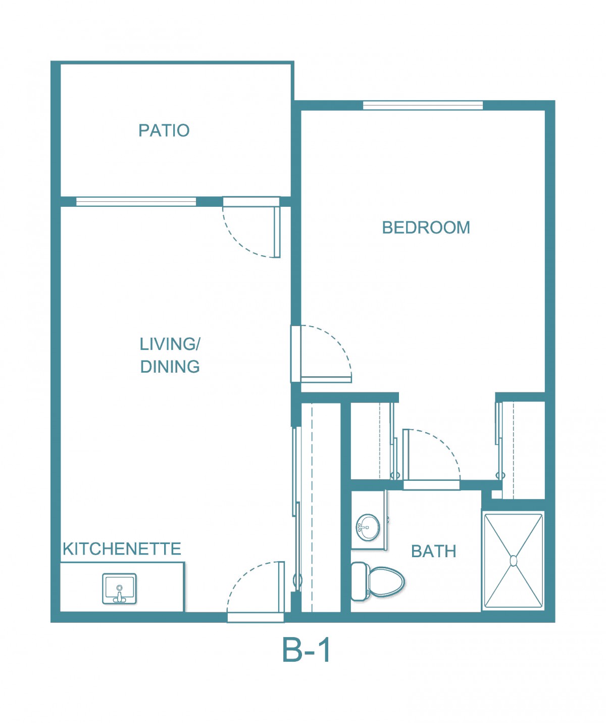 A floor plan of a one-bedroom apartment with a living/dining area, kitchenette, bathroom, and patio.