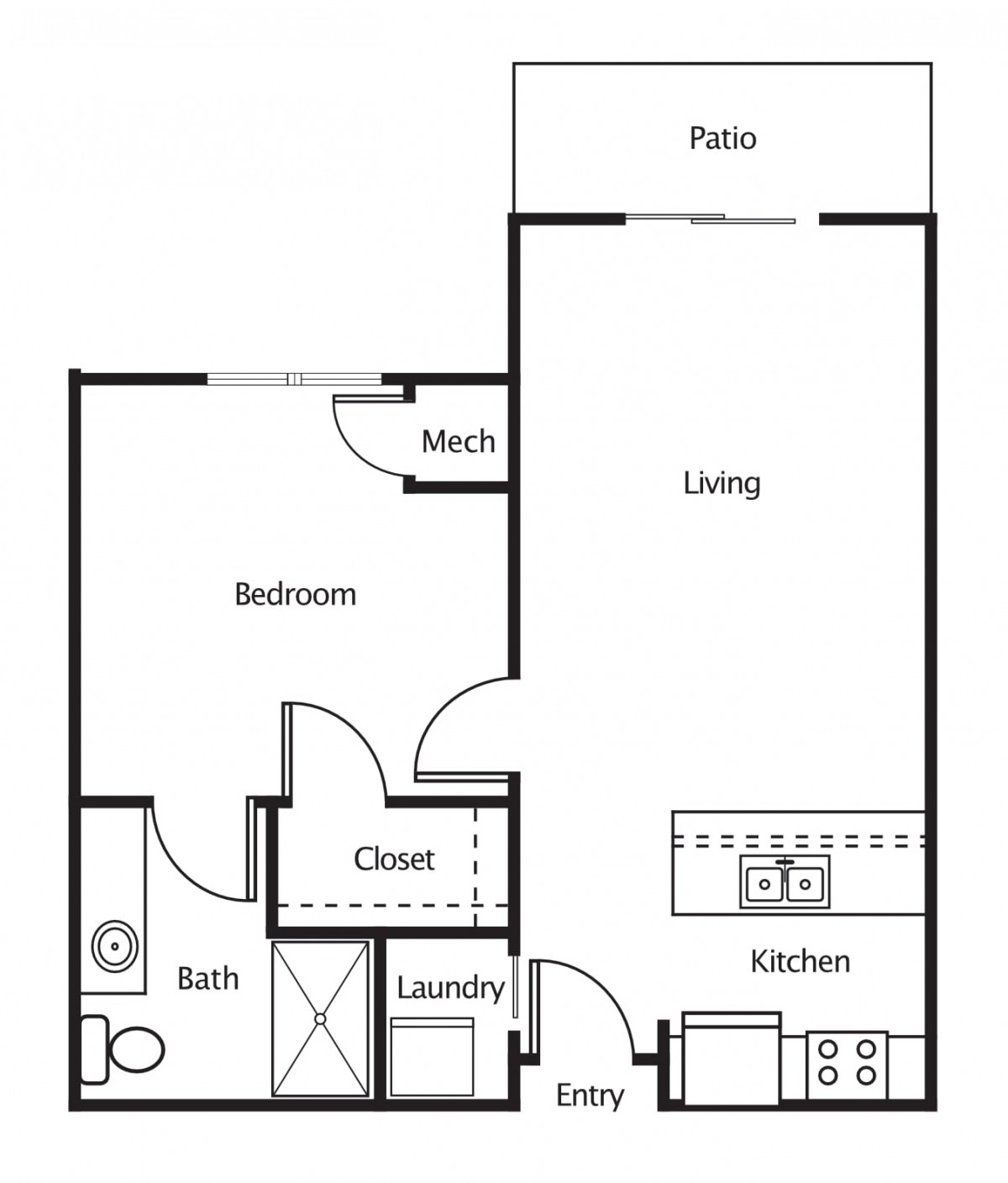 A floor plan of a one-bedroom apartment with a living area, kitchen, bathroom, and patio.