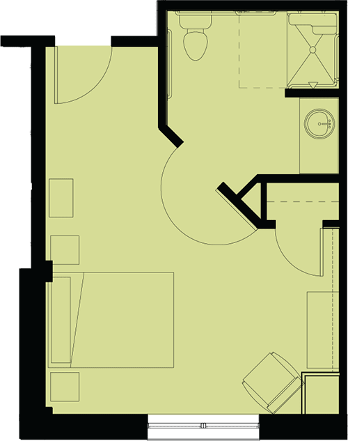 A schematic floor plan of a bedroom, showing furniture arrangement and room layout.