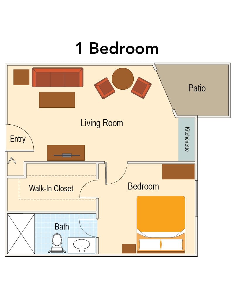 Floor plan of a 1-bedroom apartment with living room, kitchen, bathroom, and patio.