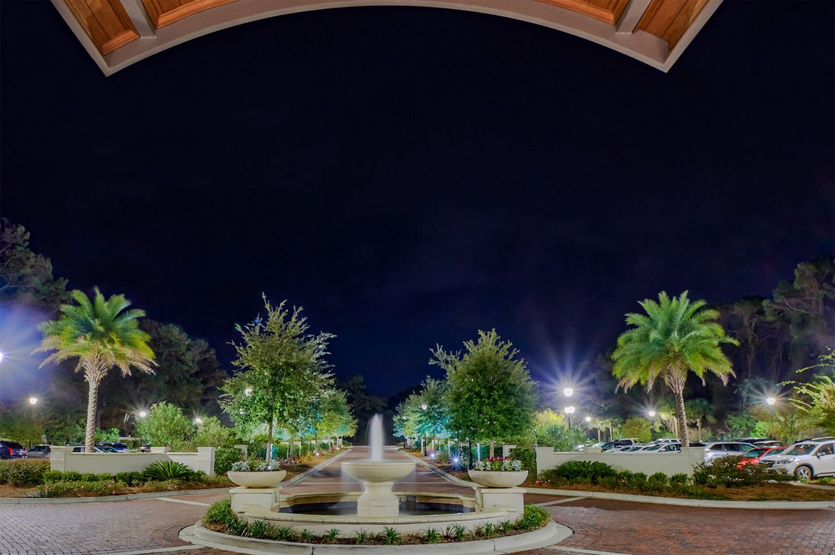 A beautifully lit fountain surrounded by trees and lights at night.