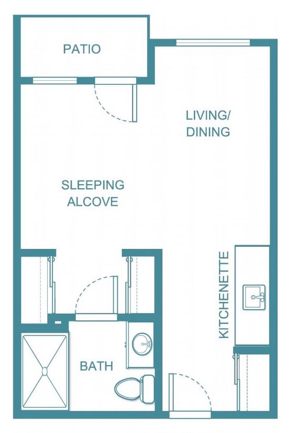 A minimalist studio apartment floor plan with a living/dining area, sleeping alcove, kitchenette, and bathroom.