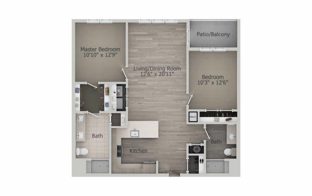 A floor plan of a two-bedroom apartment with labeled rooms and dimensions.