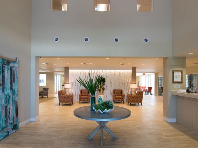 A modern lobby with elegant furnishings and decorative plants.
