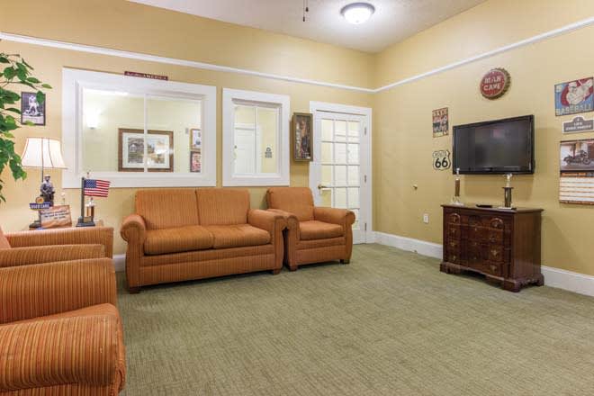 A cozy living room with comfortable sofas, a television, and decorative elements.