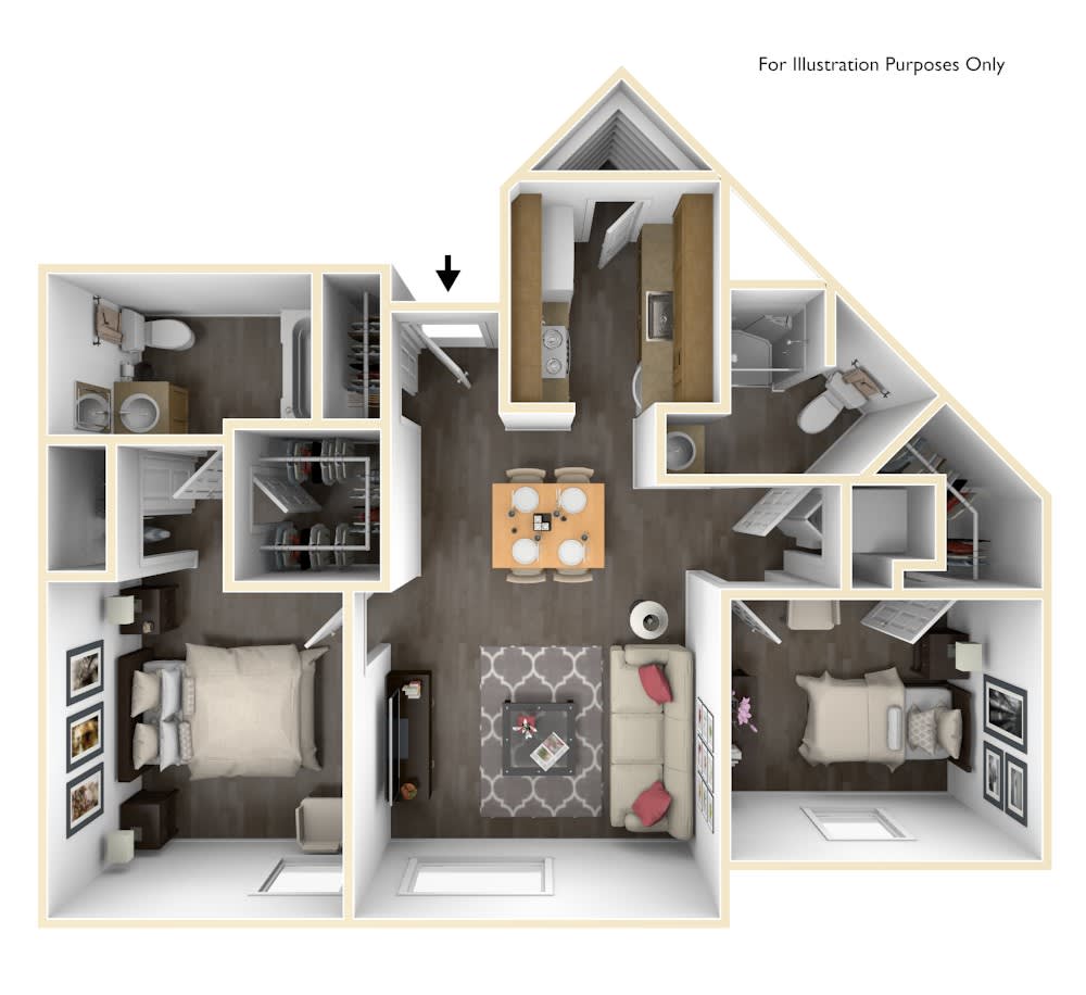 3D floor plan of a two-bedroom apartment with labeled rooms and furniture.